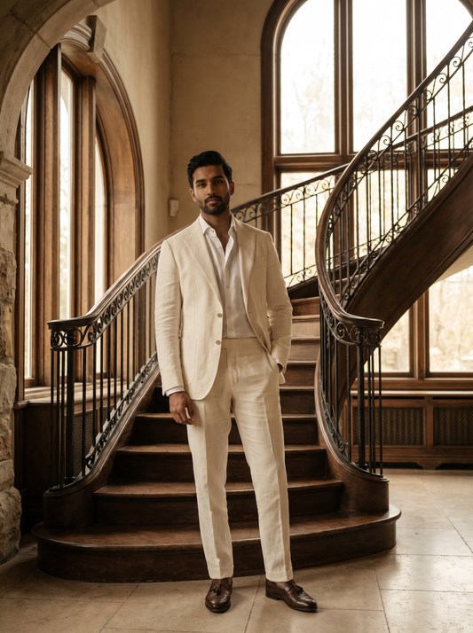 Ivory Linen Groomsmen Suit — Custom Made to Measure - front view