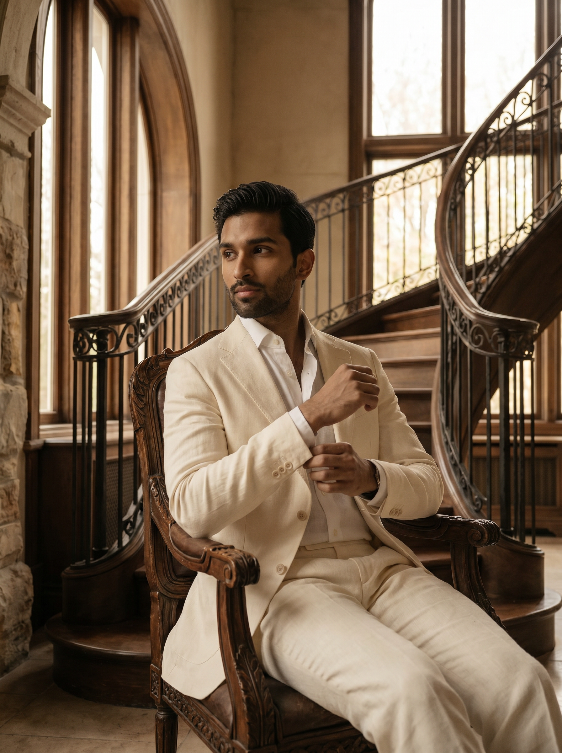 Ivory Linen Groomsmen Suit — Custom Made to Measure - seated view