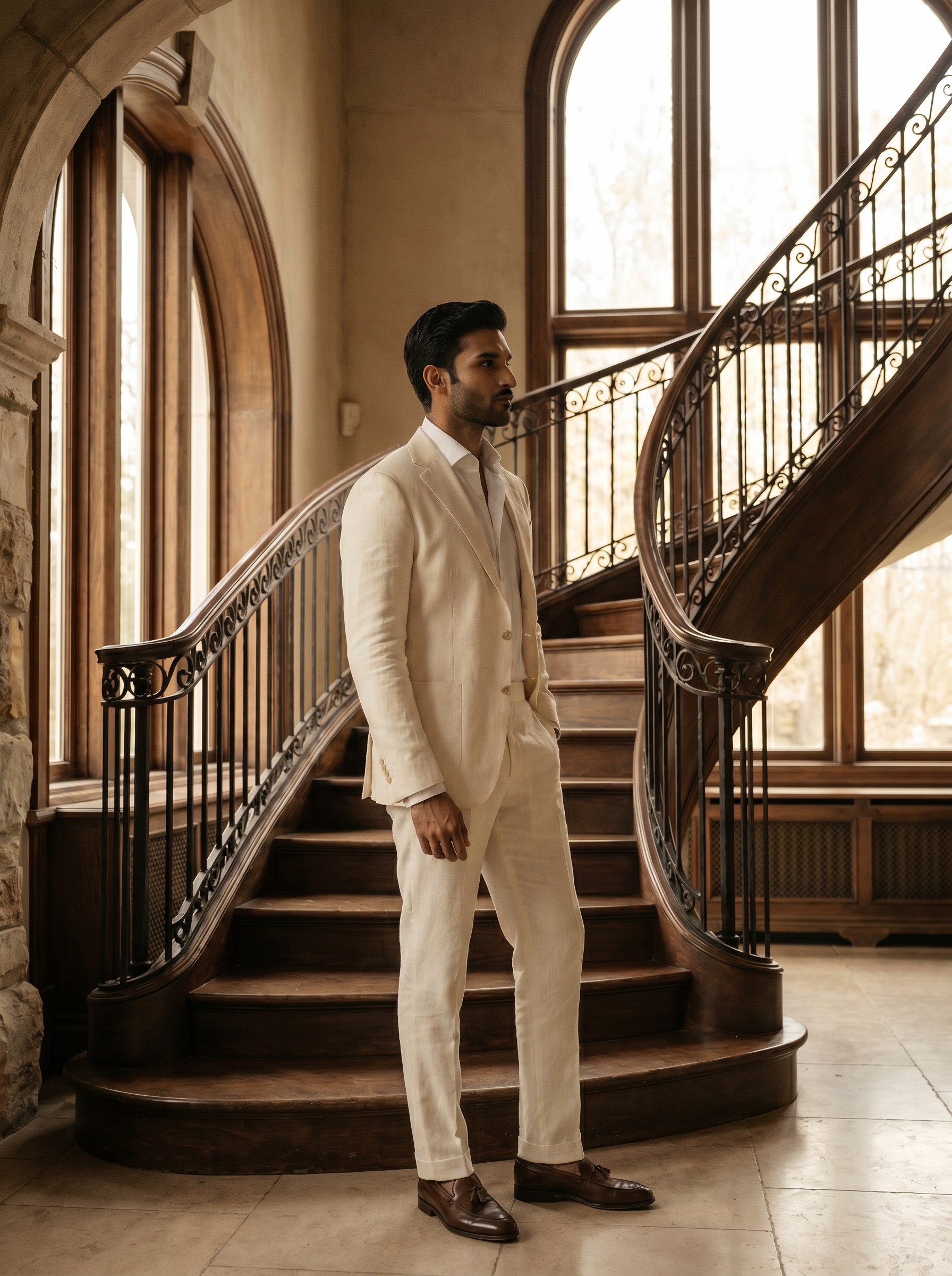 Ivory Linen Groomsmen Suit — Custom Made to Measure - side view