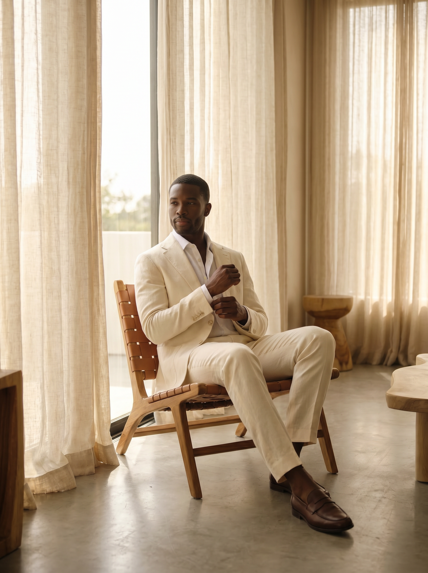Ivory Linen Suit - seated view