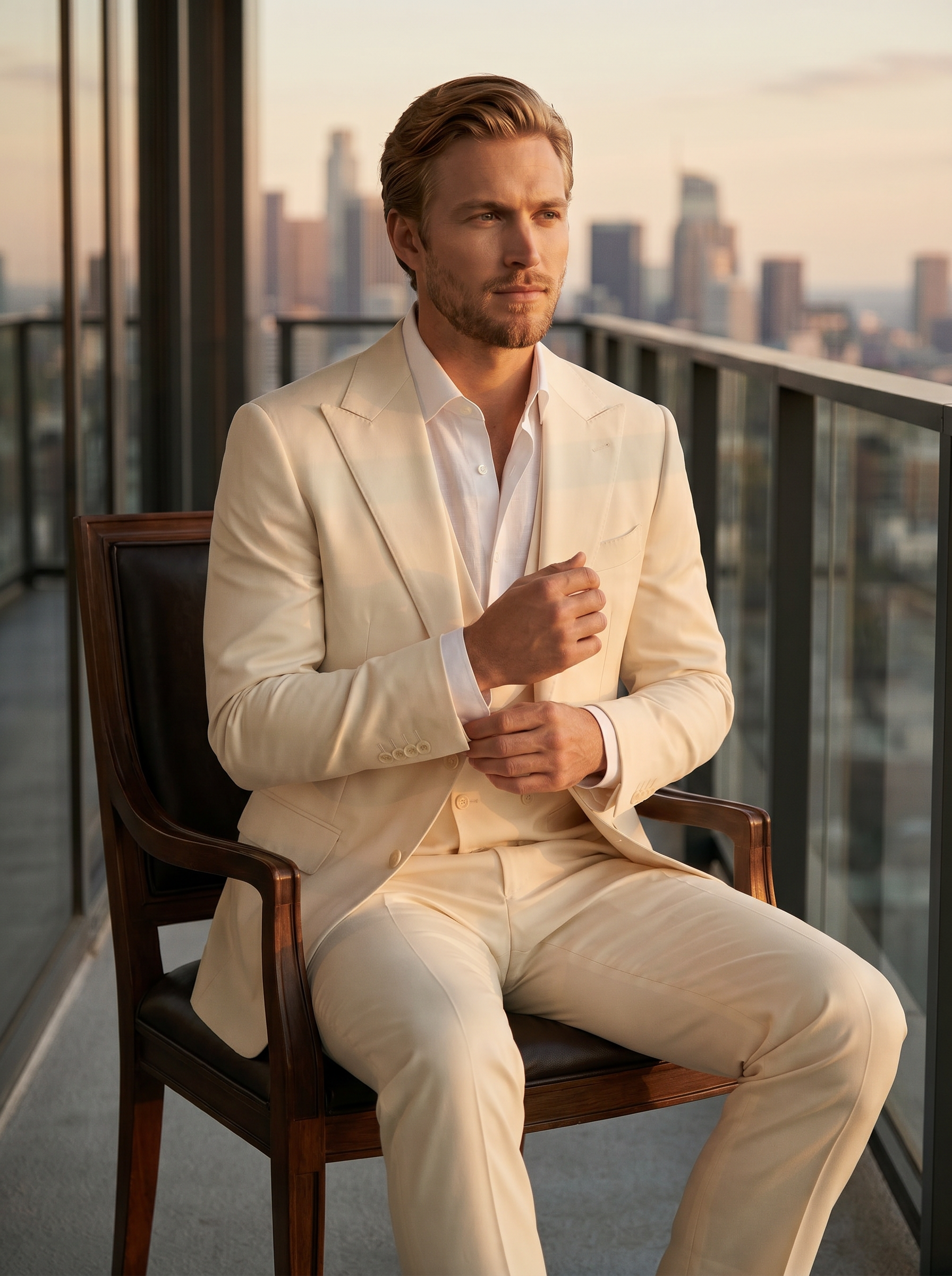Ivory Silk Blend 3-Piece Suit — Custom Made to Measure - seated view