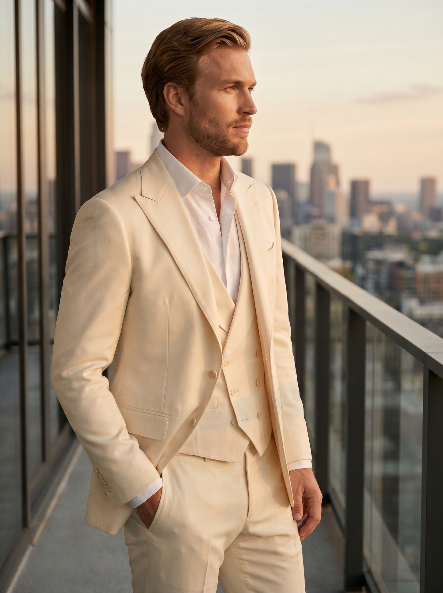 Ivory Silk Blend 3-Piece Suit — Custom Made to Measure - side view