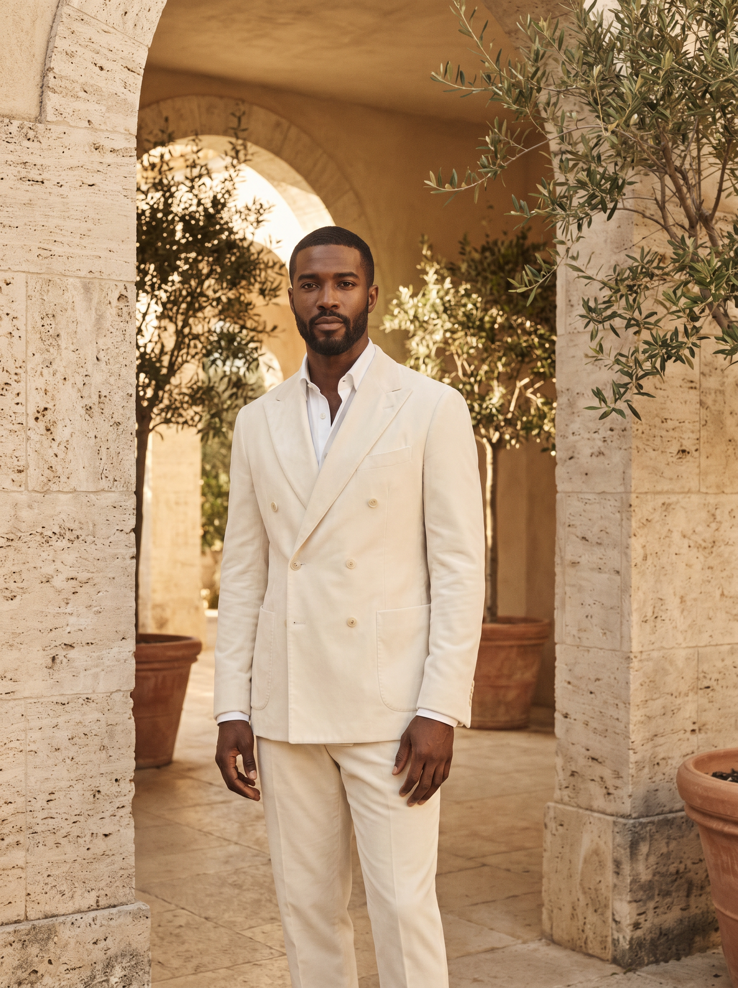 Ivory Velvet Double Breasted Suit — Custom Made to Measure - front view