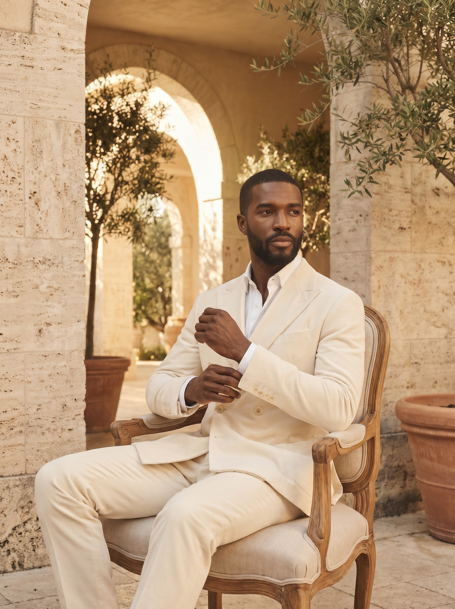 Ivory Velvet Double Breasted Suit — Custom Made to Measure - seated view
