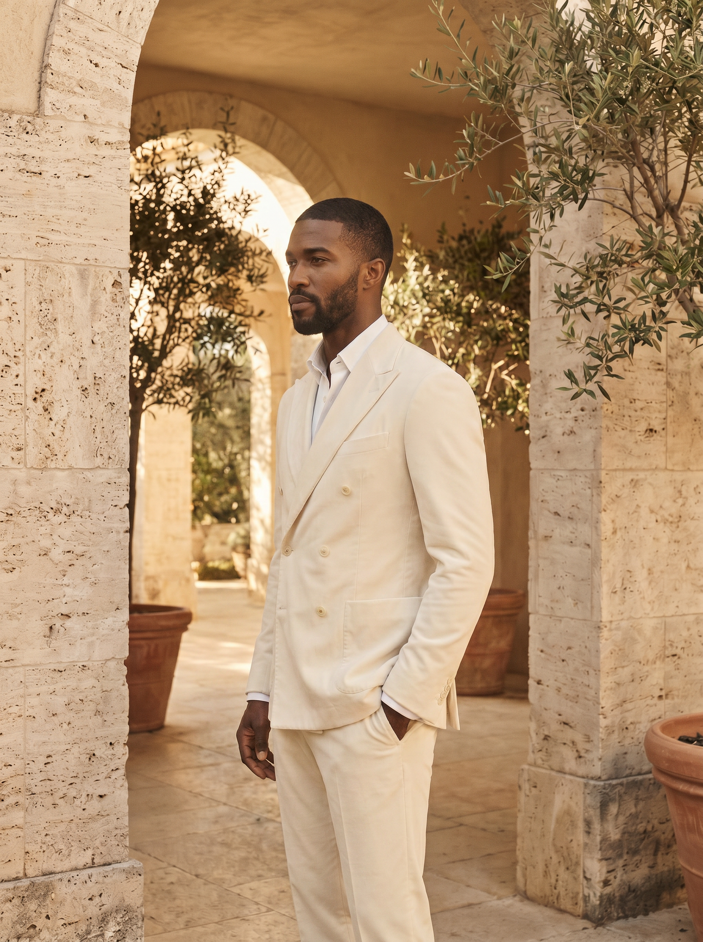 Ivory Velvet Double Breasted Suit — Custom Made to Measure - side view