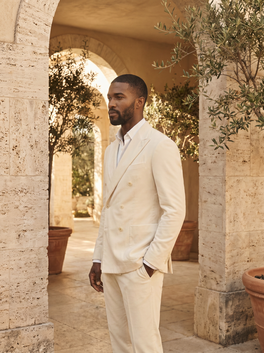 Ivory Velvet Double Breasted Suit — Custom Made to Measure - side view