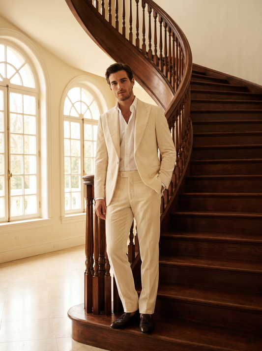 Ivory Velvet Groomsmen Suit — Custom Made to Measure - front view