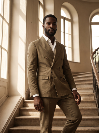 Khaki Cotton Double Breasted Suit — Custom Made to Measure - front view