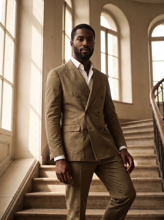 Khaki Cotton Double Breasted Suit — Custom Made to Measure - front view