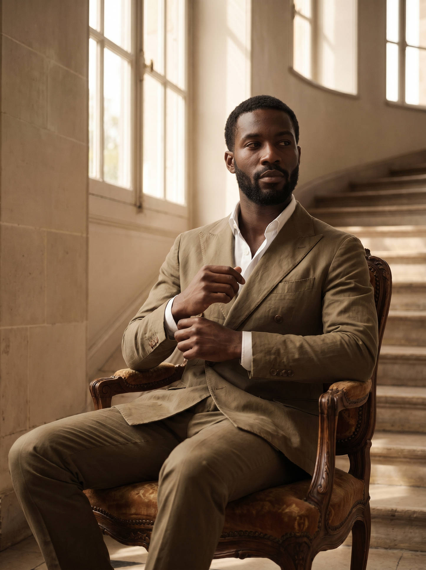 Khaki Cotton Double Breasted Suit — Custom Made to Measure - seated view