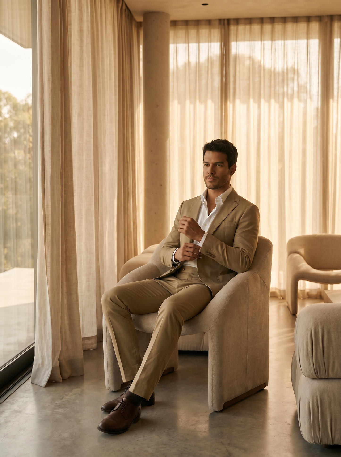 Khaki Cotton Suit — Custom Made to Measure - seated view