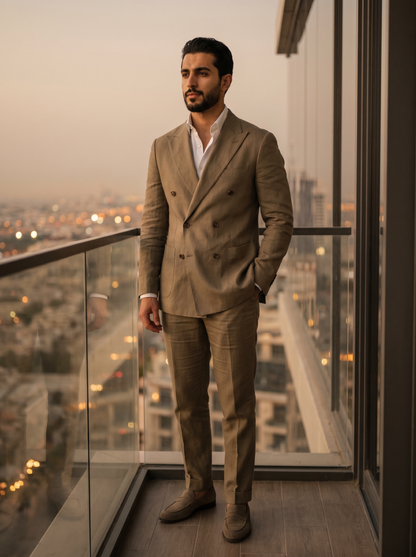 Khaki Linen Double Breasted Suit — Custom Made to Measure - front view
