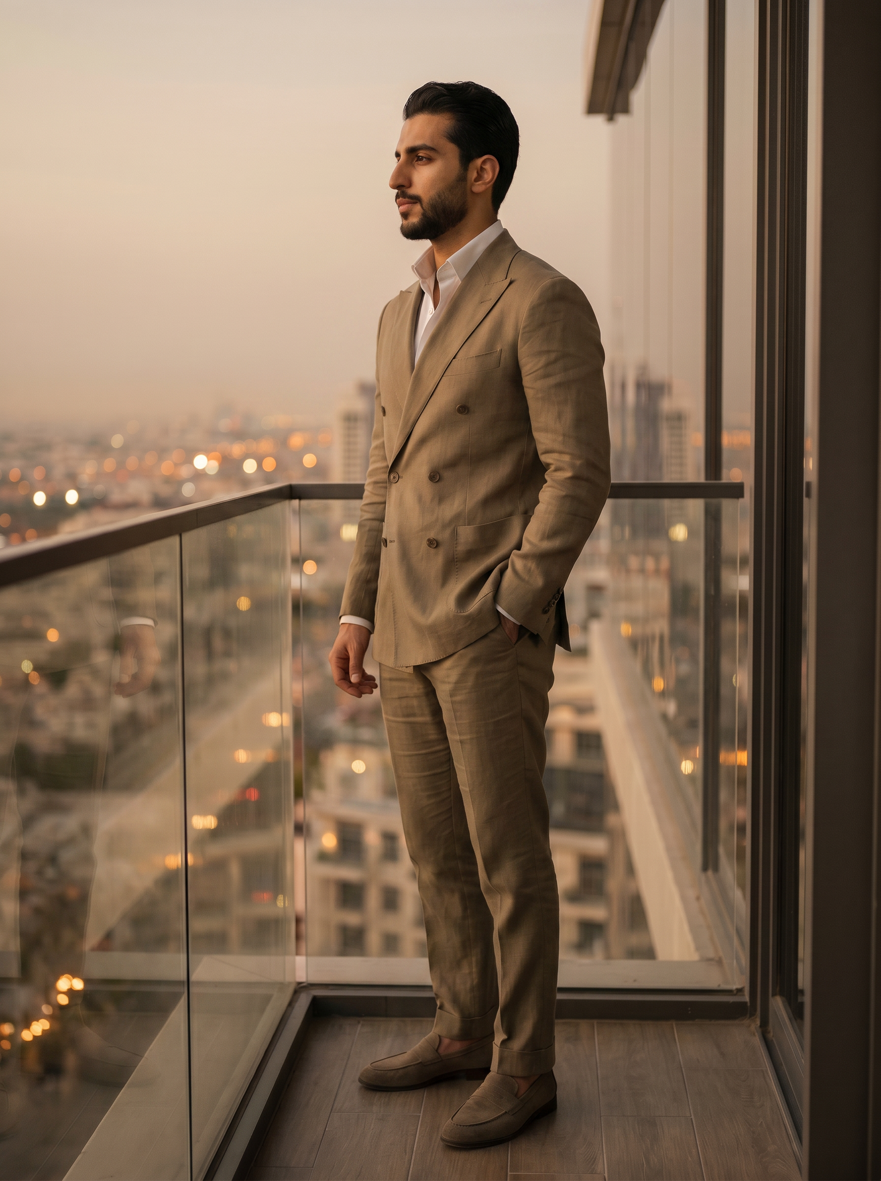 Khaki Linen Double Breasted Suit — Custom Made to Measure - side view