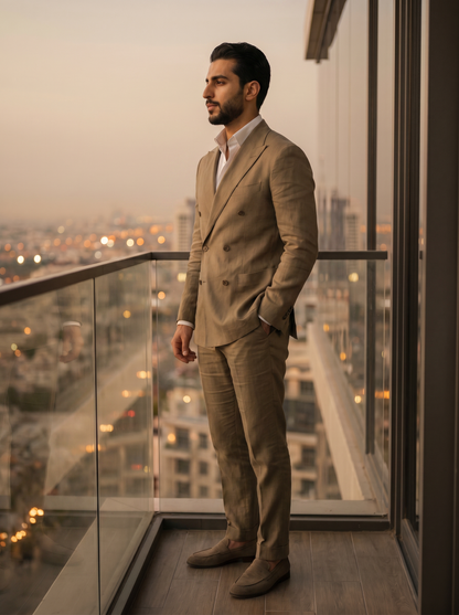 Khaki Linen Double Breasted Suit — Custom Made to Measure - side view
