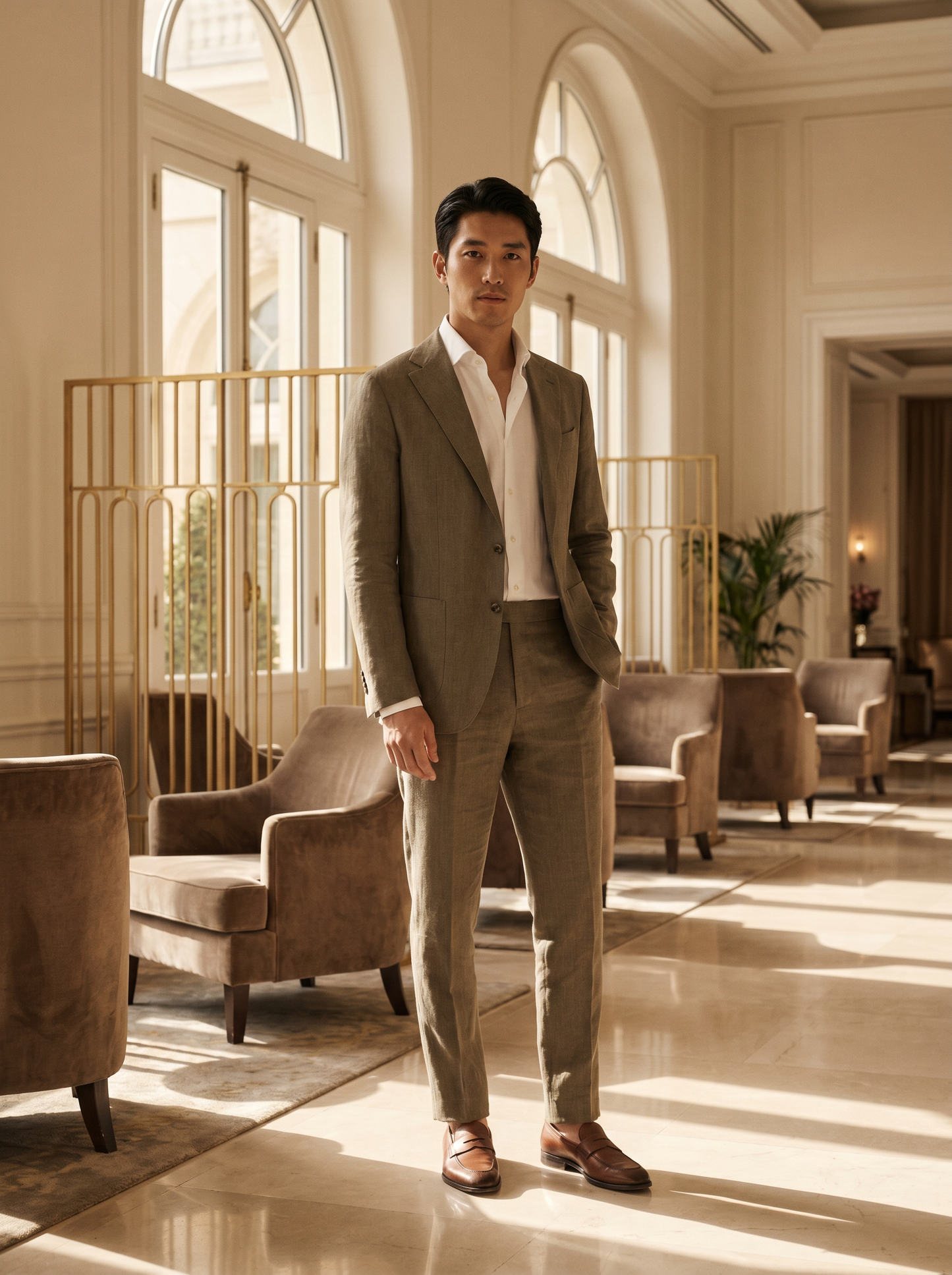 Khaki Linen Groomsmen Suit — Custom Made to Measure - front view