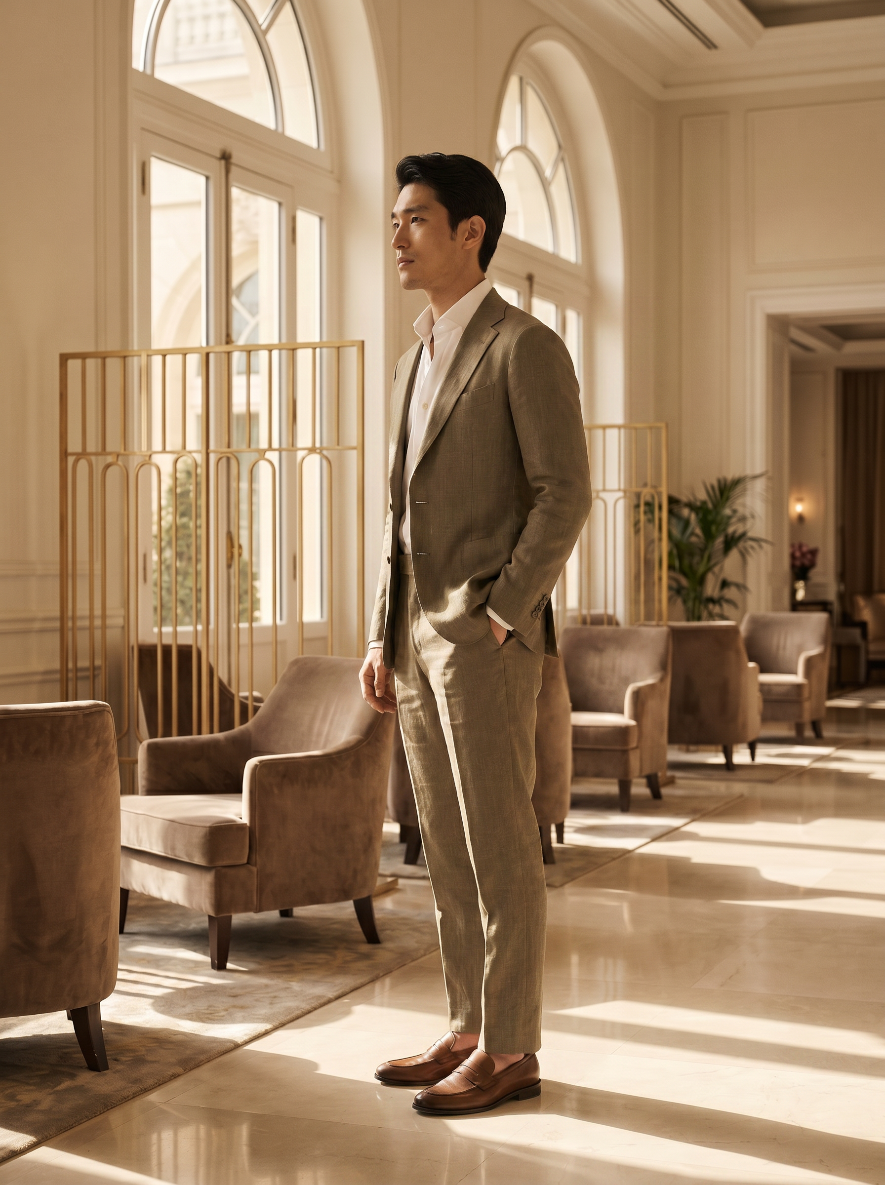 Khaki Linen Groomsmen Suit — Custom Made to Measure - side view