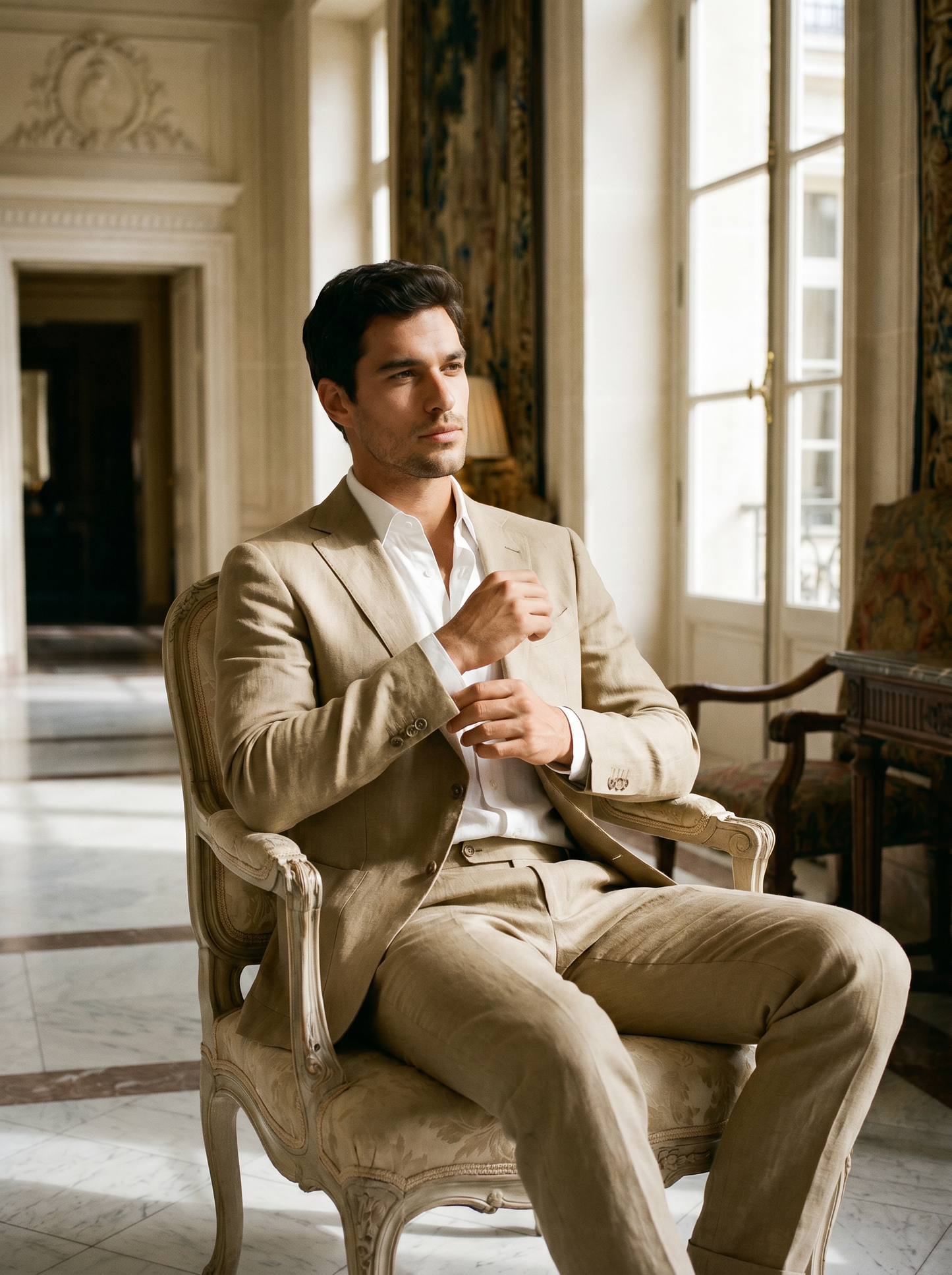Khaki Linen Suit — Custom Made to Measure - seated view