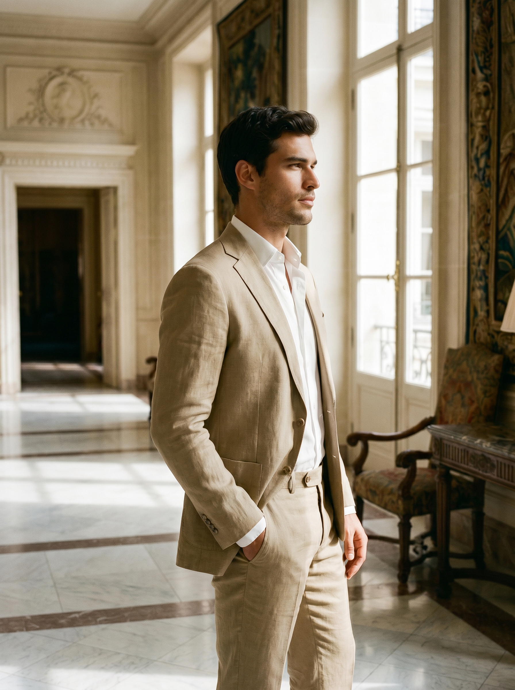 Khaki Linen Suit — Custom Made to Measure - side view