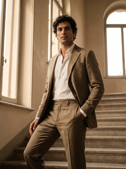 Khaki Silk Blend Suit — Custom Made to Measure - front view