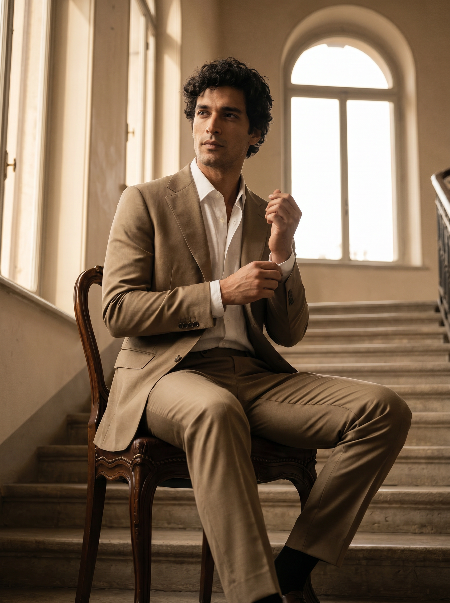 Khaki Silk Blend Suit — Custom Made to Measure - seated view