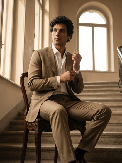 Khaki Silk Blend Suit — Custom Made to Measure - seated view