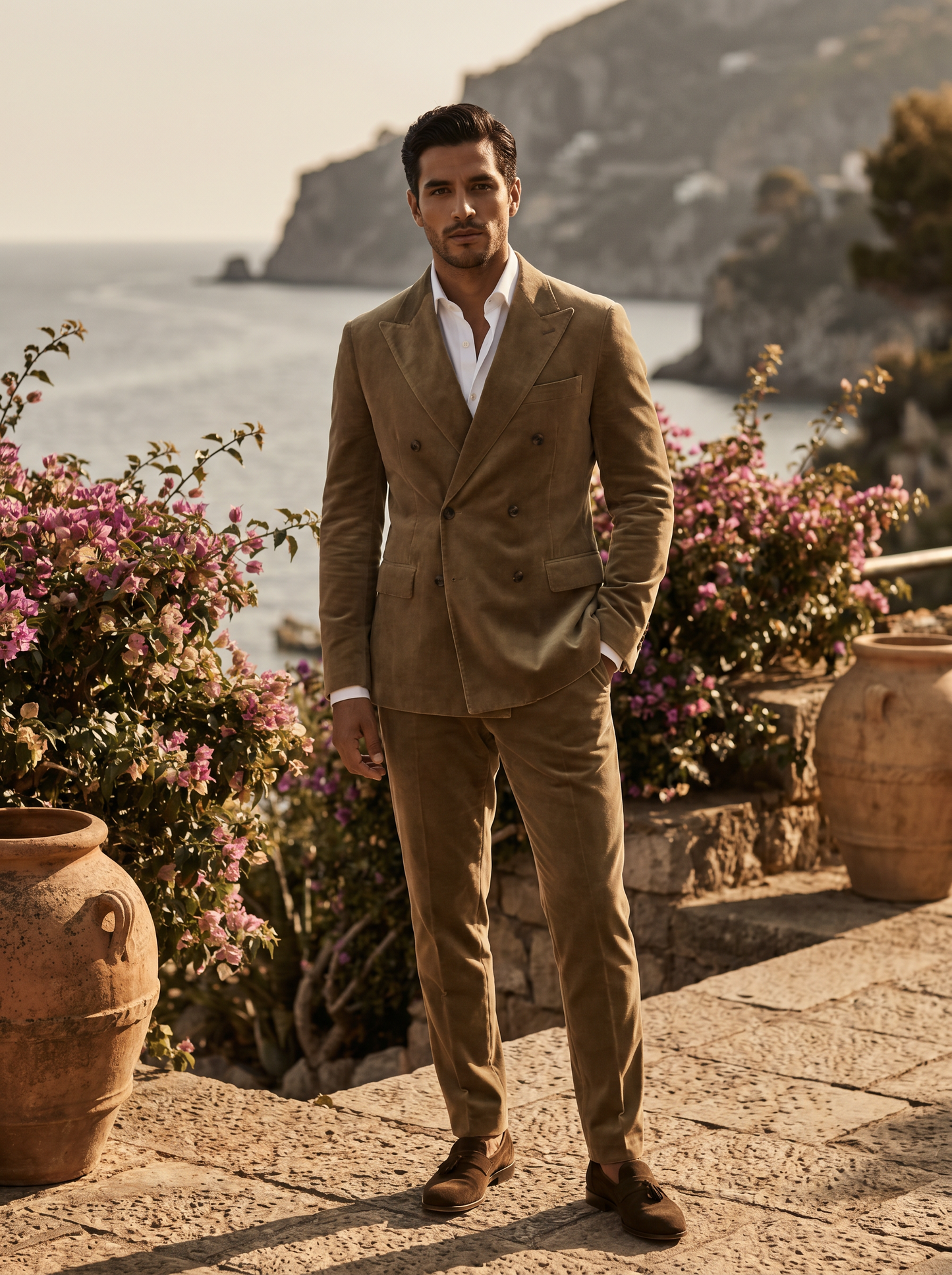 Khaki Velvet Double Breasted Suit — Custom Made to Measure - front view
