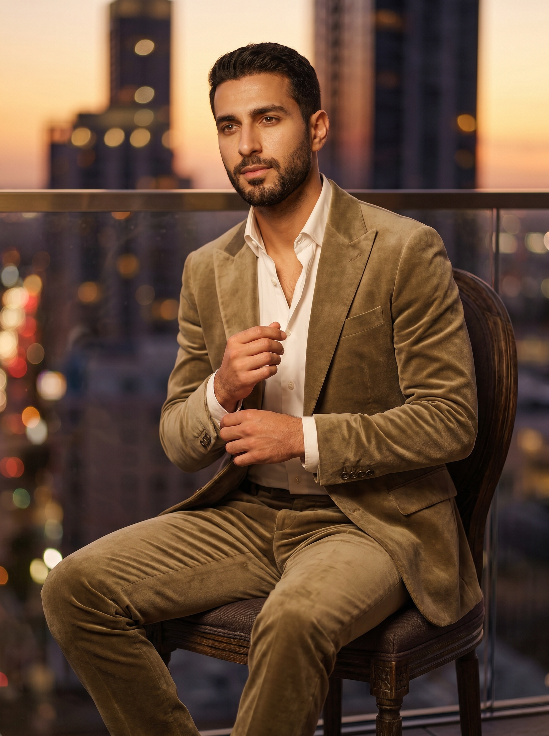 Khaki Velvet Groomsmen Suit — Custom Made to Measure - seated view