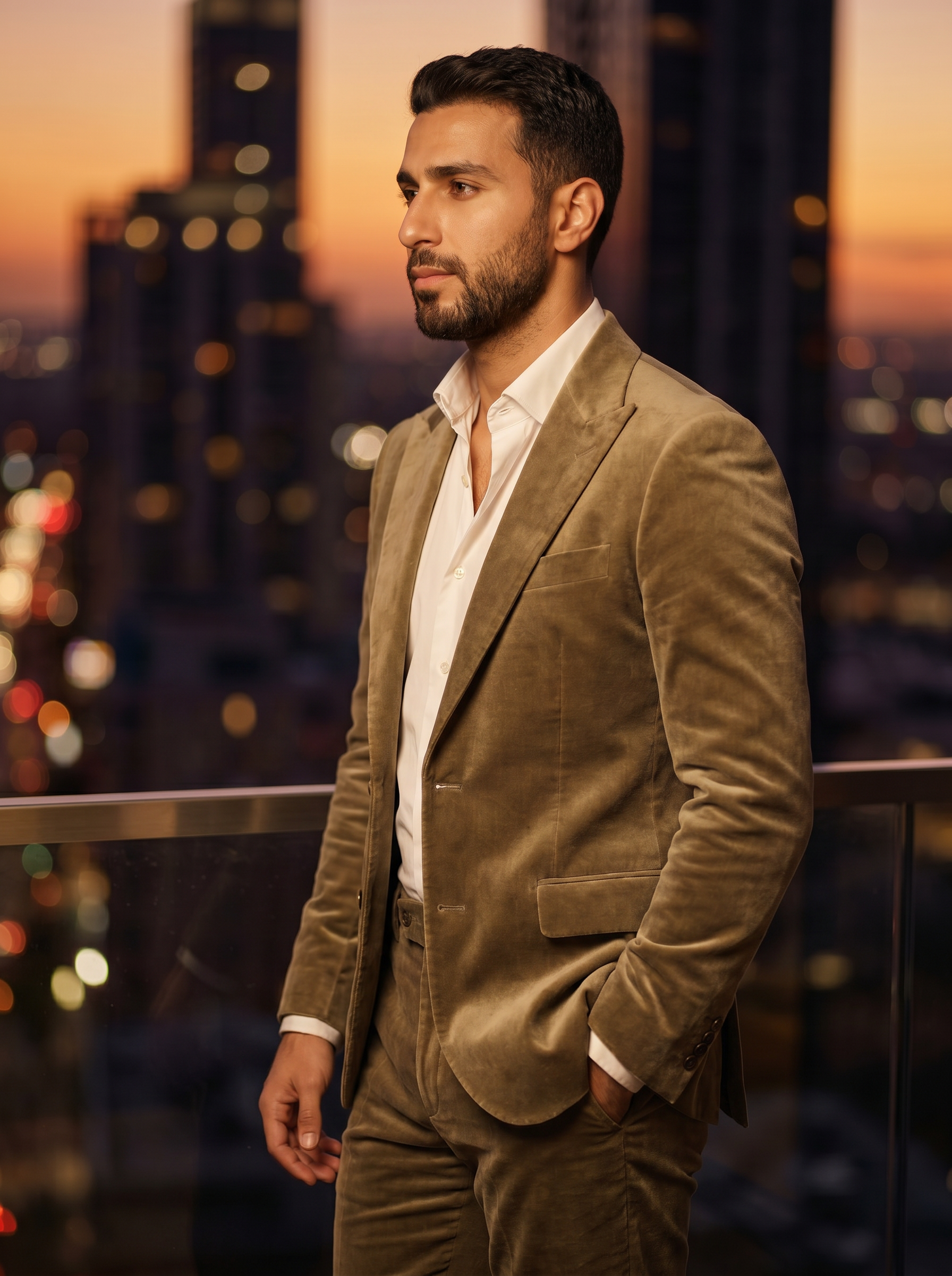Khaki Velvet Groomsmen Suit — Custom Made to Measure - side view