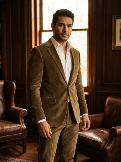 Khaki Velvet Suit — Custom Made to Measure - front view