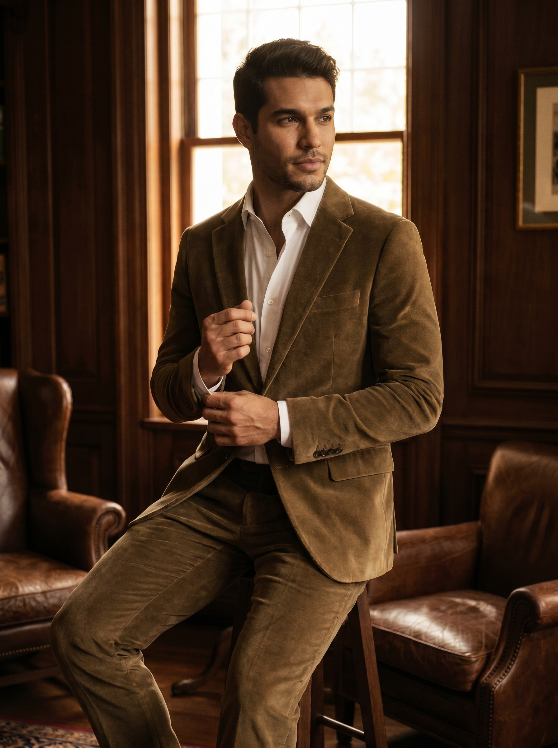 Khaki Velvet Suit — Custom Made to Measure - seated view