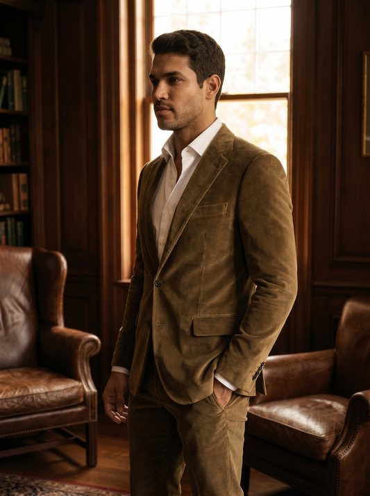 Khaki Velvet Suit — Custom Made to Measure - side view