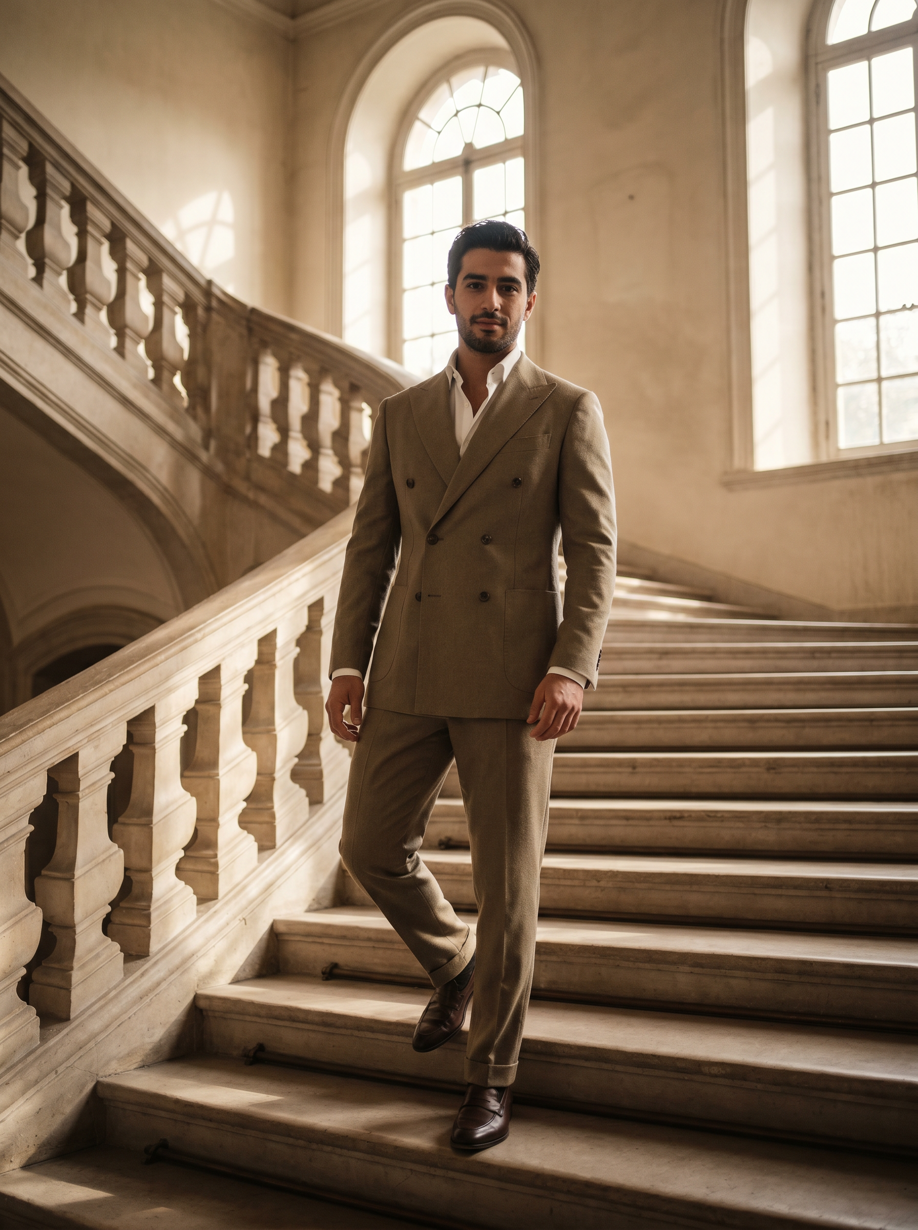 Khaki Wool Double Breasted Suit — Custom Made to Measure - front view