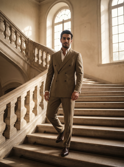 Khaki Wool Double Breasted Suit — Custom Made to Measure - front view