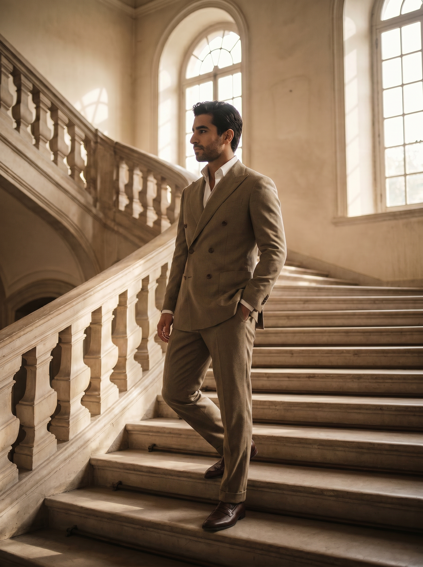 Khaki Wool Double Breasted Suit — Custom Made to Measure - side view