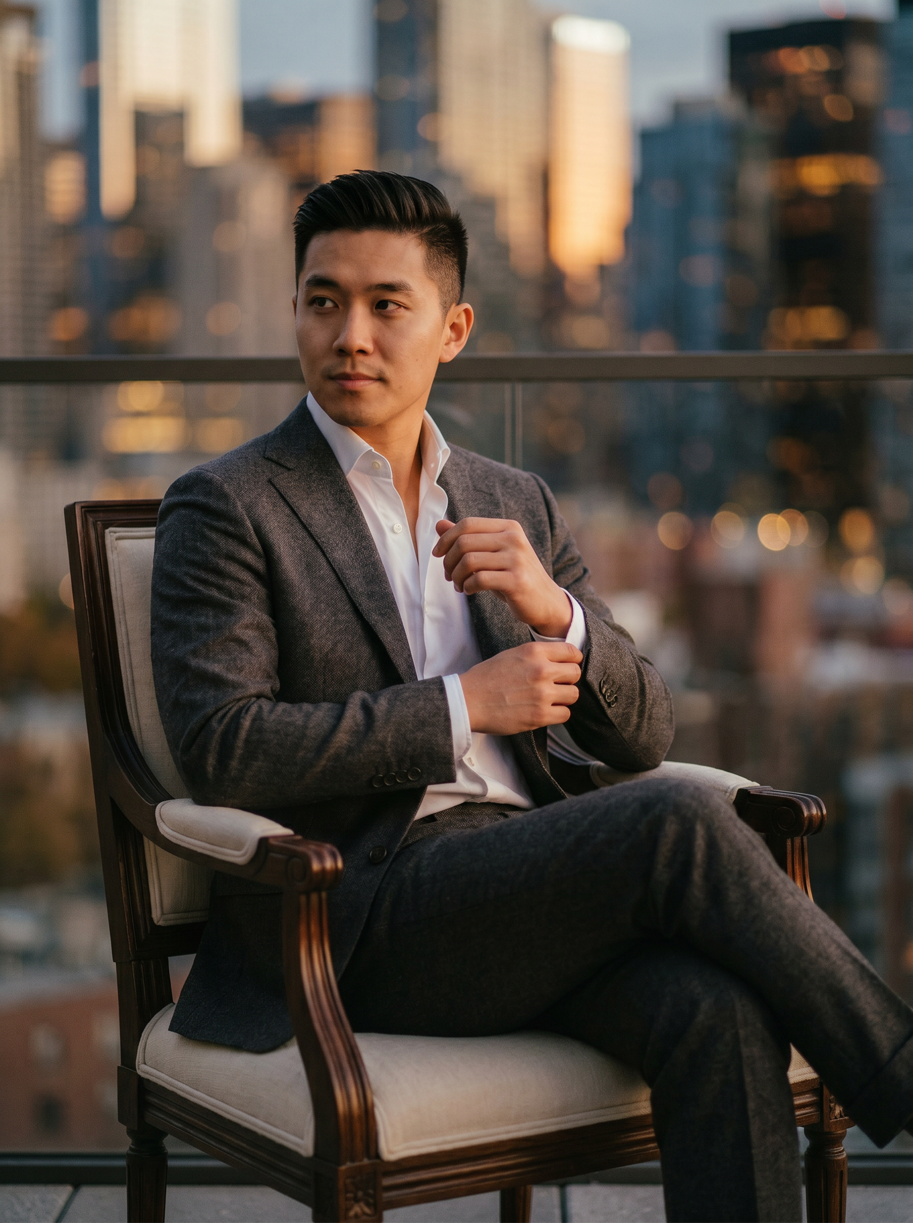 Khaki Wool Groomsmen Suit — Custom Made to Measure - seated view