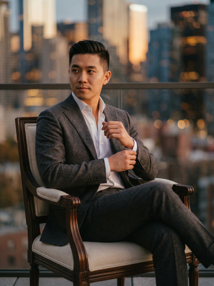 Khaki Wool Groomsmen Suit — Custom Made to Measure - seated view