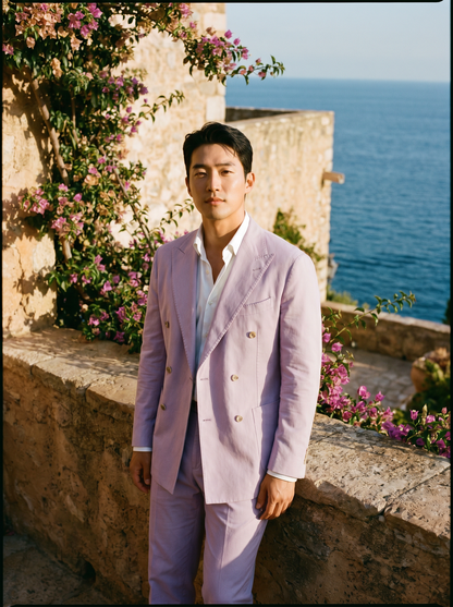 Lavender Cotton Double Breasted Suit — Custom Made to Measure - front view