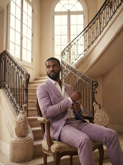 Lavender Cotton Groomsmen Suit — Custom Made to Measure - seated view