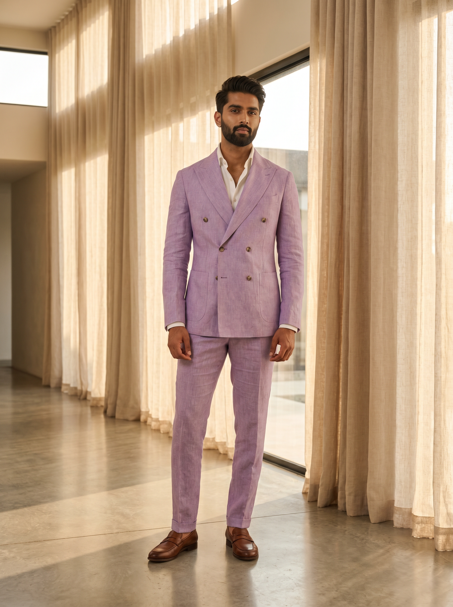 Lavender Linen Double Breasted Suit — Custom Made to Measure - front view