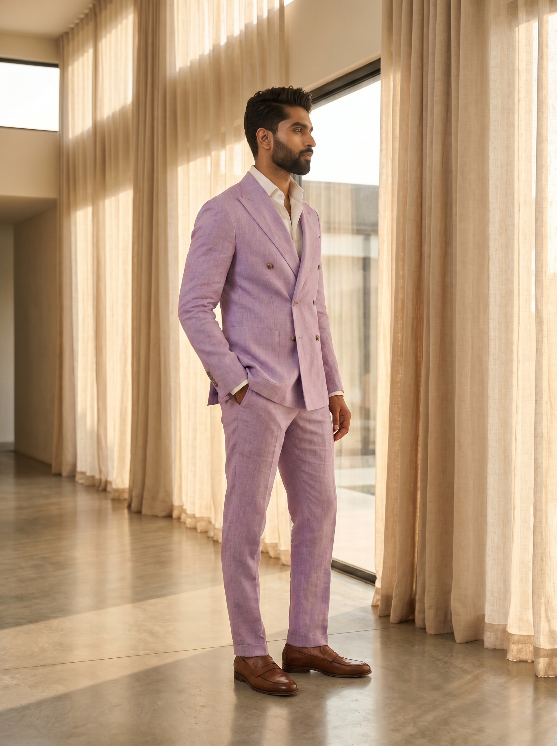 Lavender Linen Double Breasted Suit — Custom Made to Measure - side view