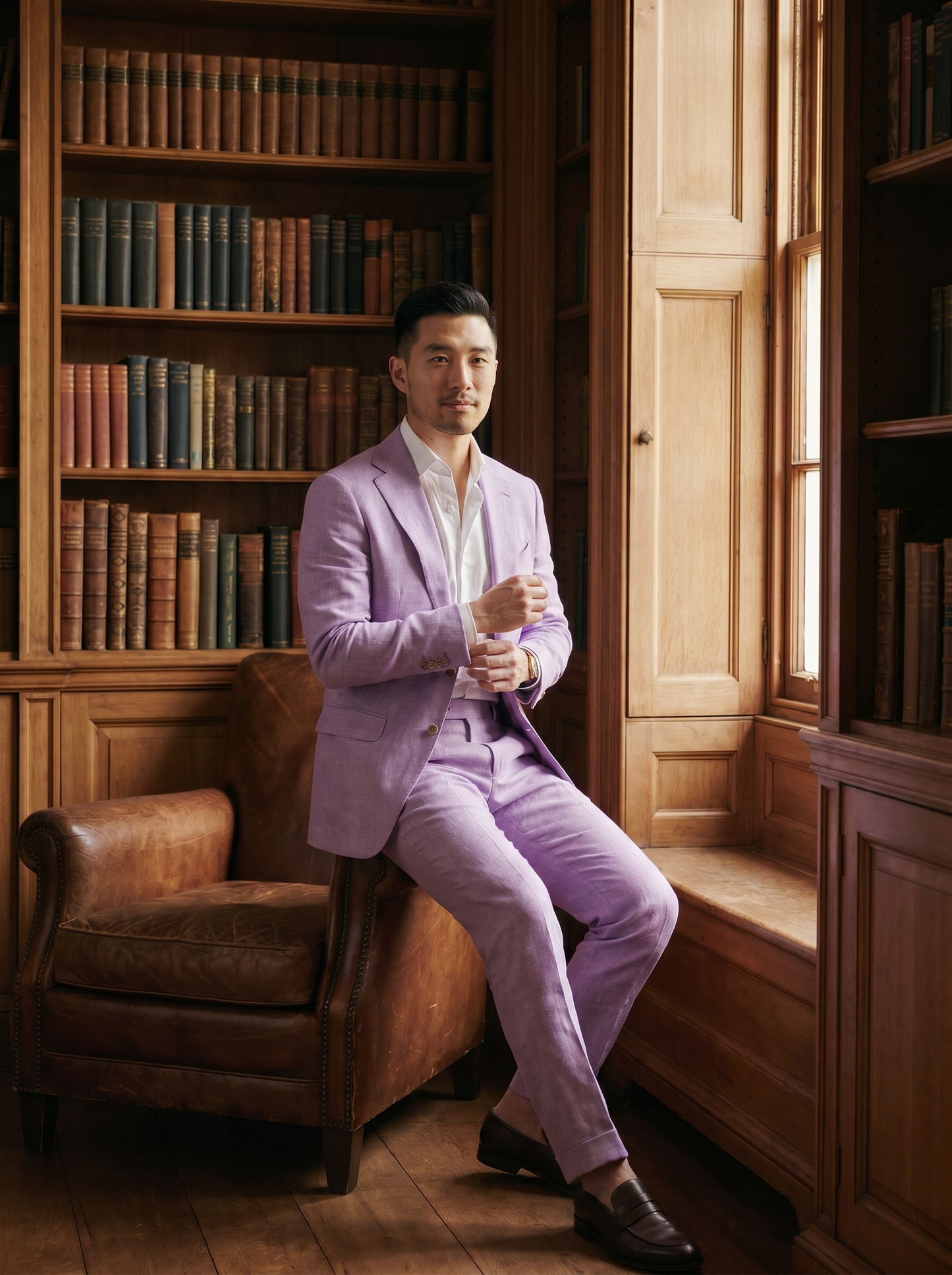 Lavender Linen Groomsmen Suit — Custom Made to Measure - seated view