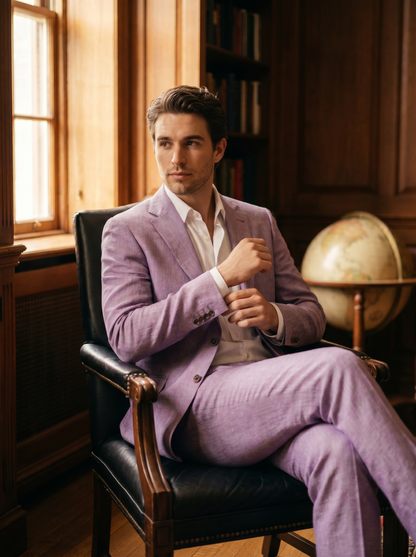 Lavender Linen Suit — Custom Made to Measure - seated view