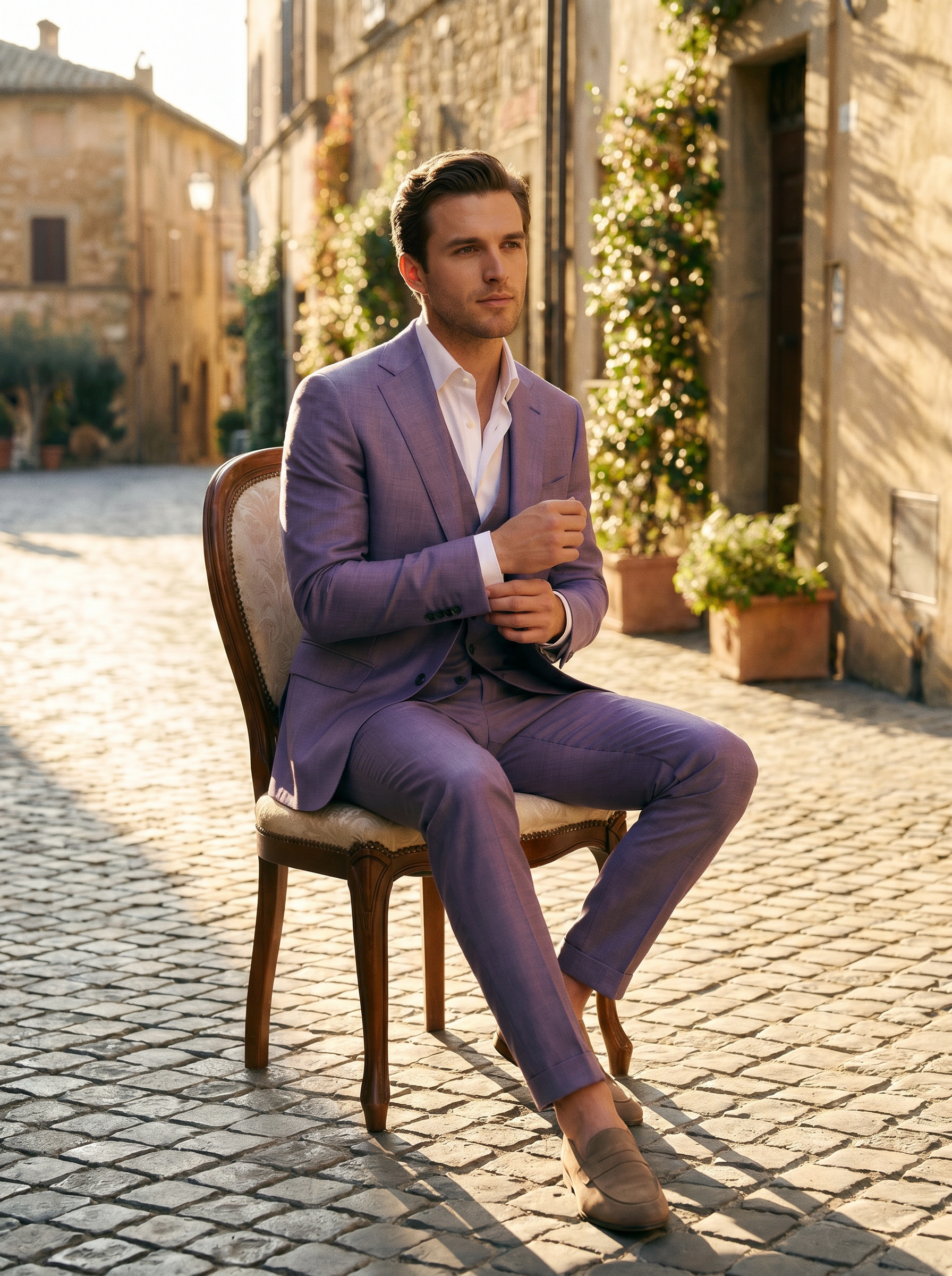 Lavender Silk Blend 3-Piece Suit — Custom Made to Measure - seated view