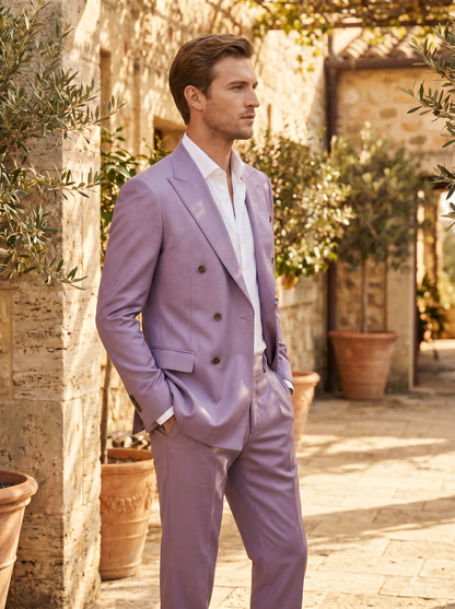 Lavender Silk Blend Double Breasted Suit — Custom Made to Measure - side view