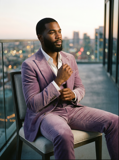 Lavender Velvet 3-Piece Suit — Custom Made to Measure - seated view