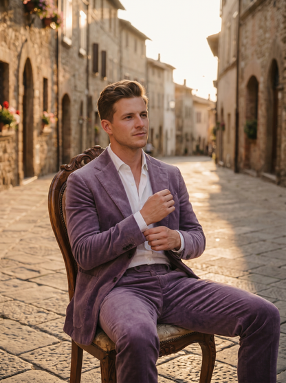 Lavender Velvet Suit — Custom Made to Measure - seated view