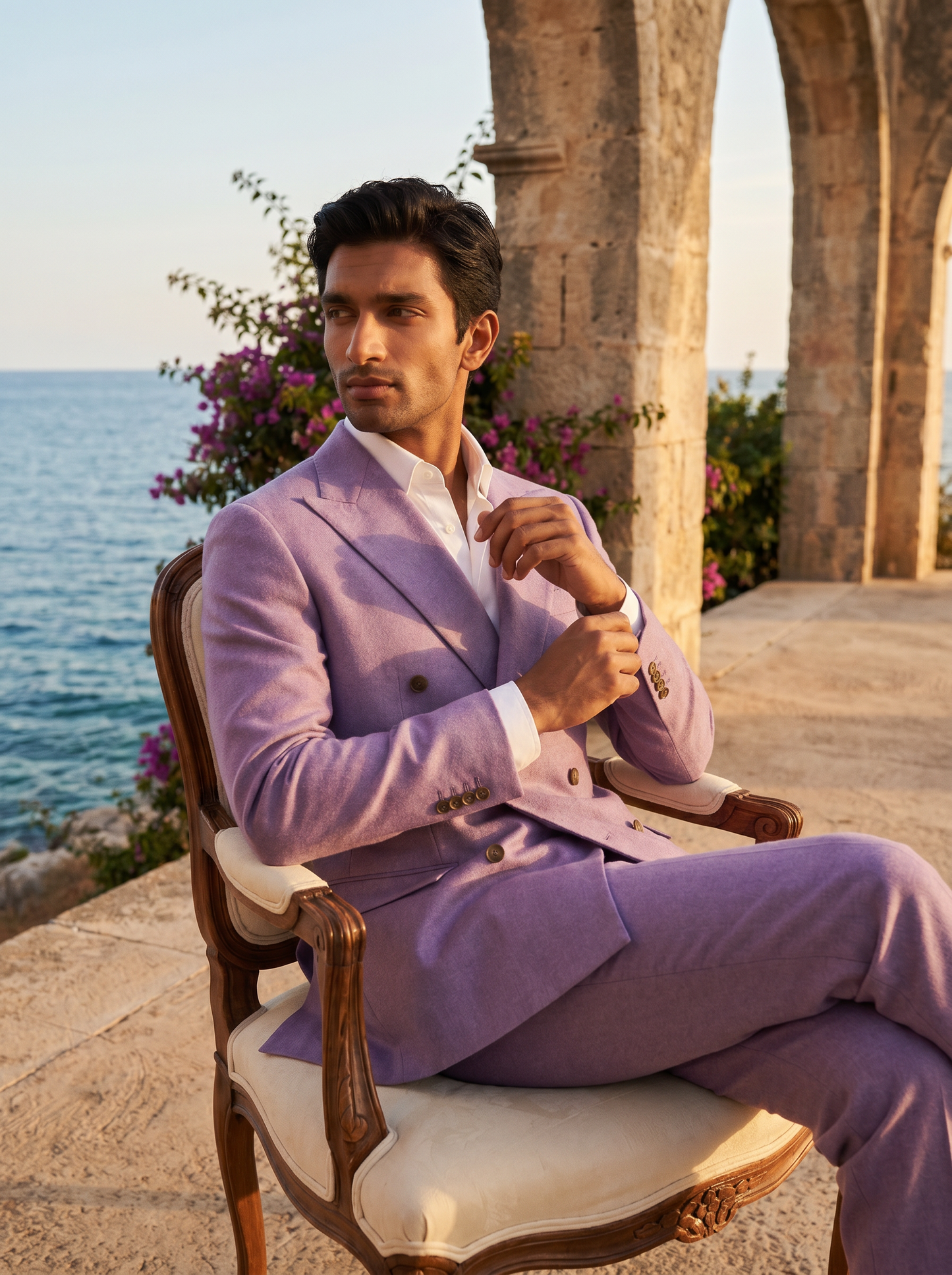 Lavender Wool Double Breasted Suit — Custom Made to Measure - seated view