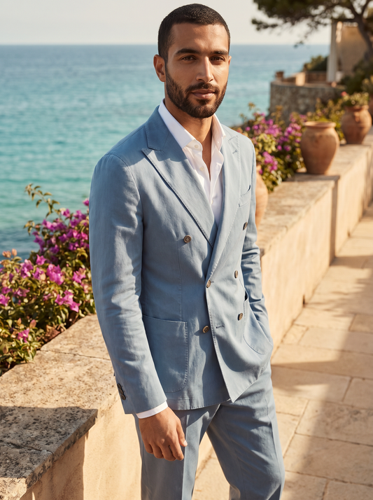 Light Blue Cotton Double Breasted Suit — Custom Made to Measure - front view