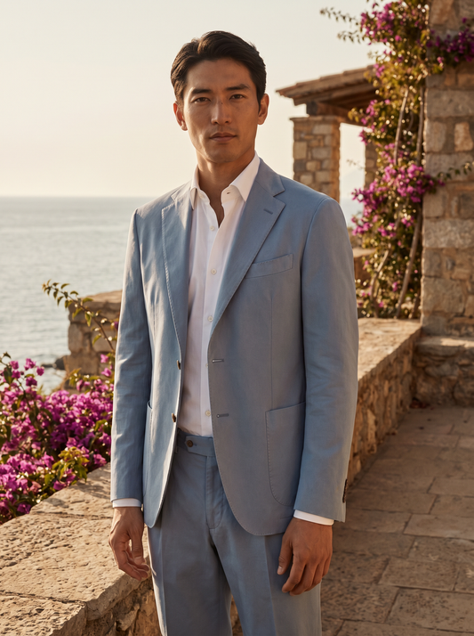 Light Blue Cotton Groomsmen Suit — Custom Made - front view