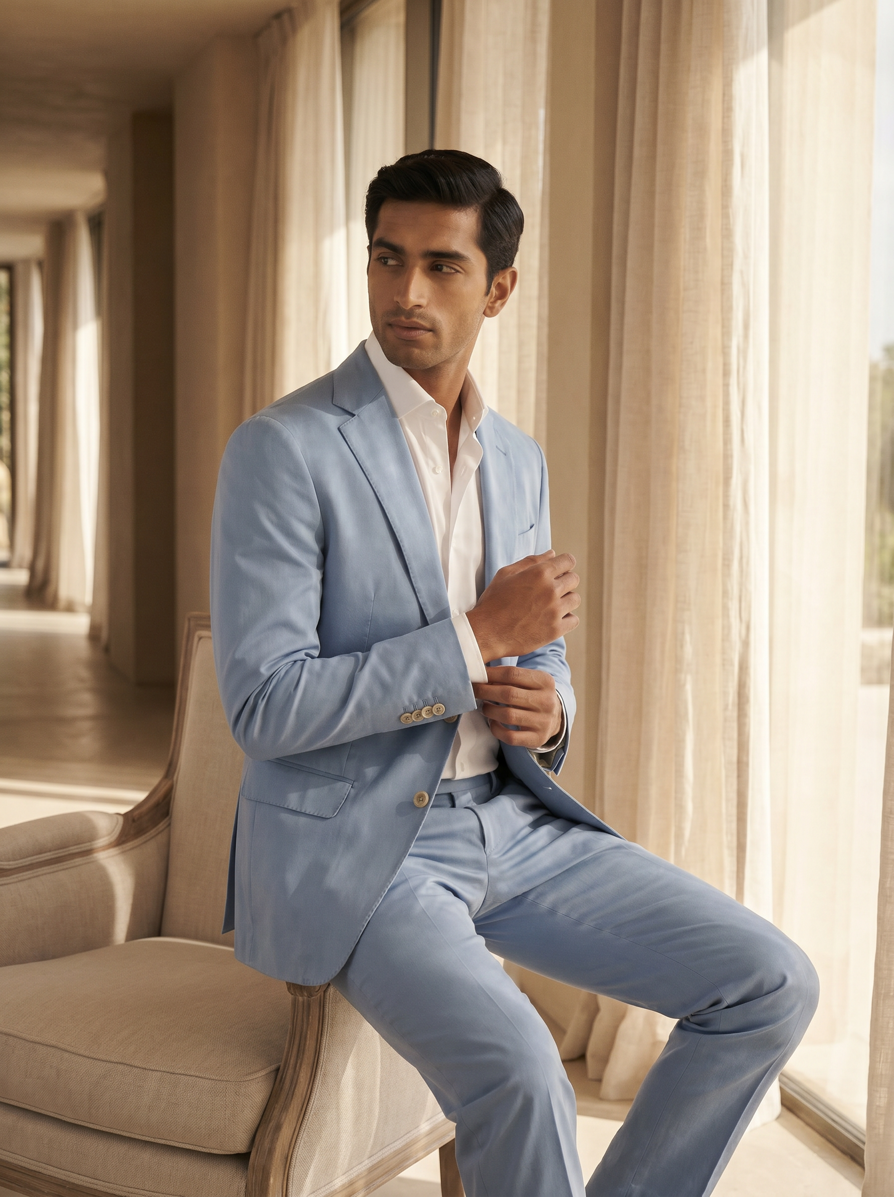 Light Blue Cotton Suit — Custom Made to Measure - seated view